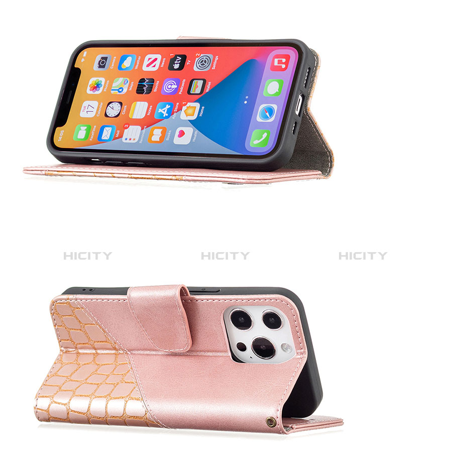 Custodia Portafoglio In Pelle Fantasia Modello Cover con Supporto L05 per Apple iPhone 13 Pro Oro Rosa