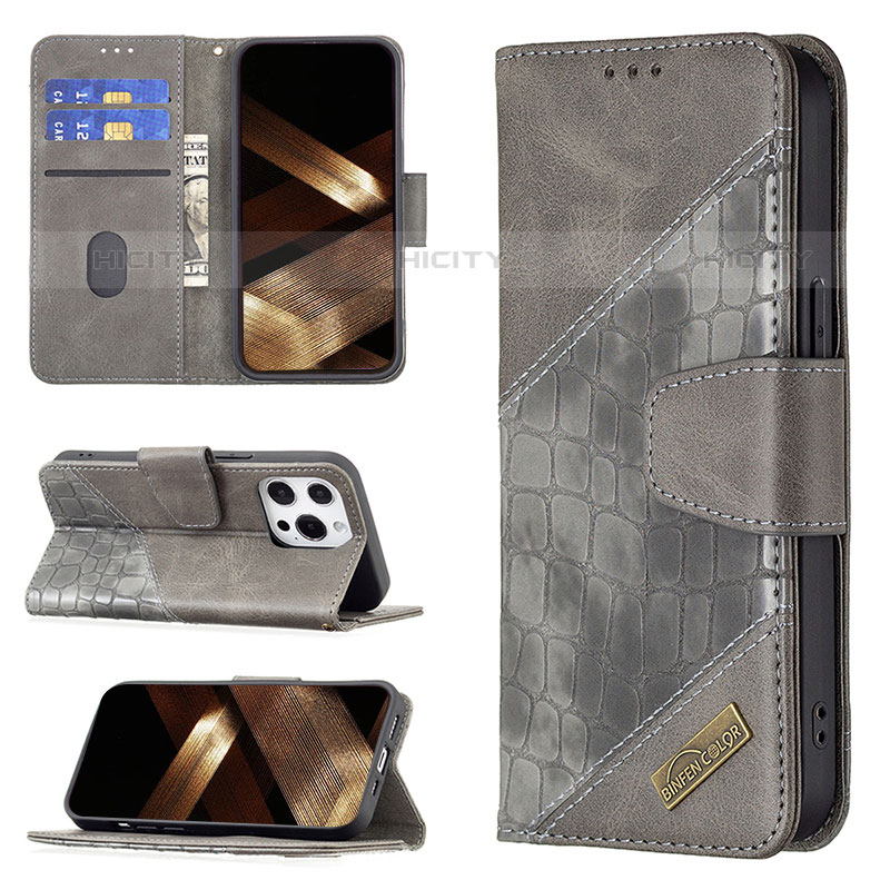 Custodia Portafoglio In Pelle Fantasia Modello Cover con Supporto L05 per Apple iPhone 15 Pro Max Grigio