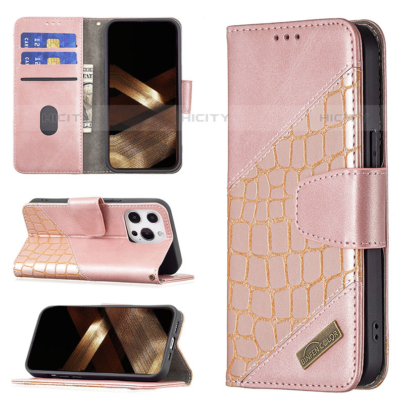 Custodia Portafoglio In Pelle Fantasia Modello Cover con Supporto L05 per Apple iPhone 15 Pro Max Oro Rosa