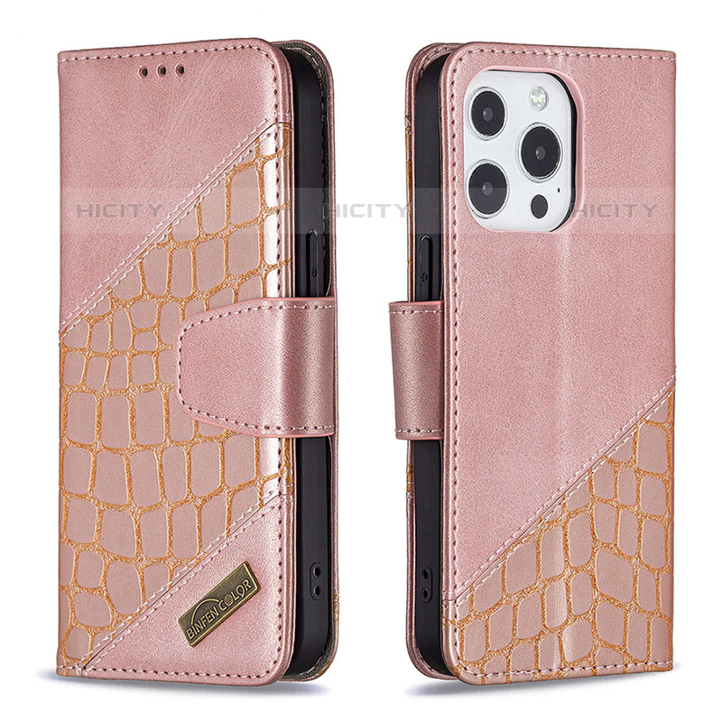 Custodia Portafoglio In Pelle Fantasia Modello Cover con Supporto L05 per Apple iPhone 15 Pro Oro Rosa