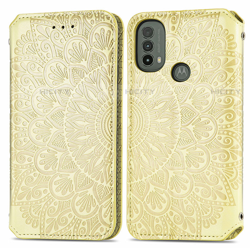 Custodia Portafoglio In Pelle Fantasia Modello Cover con Supporto S01D per Motorola Moto E20 Oro