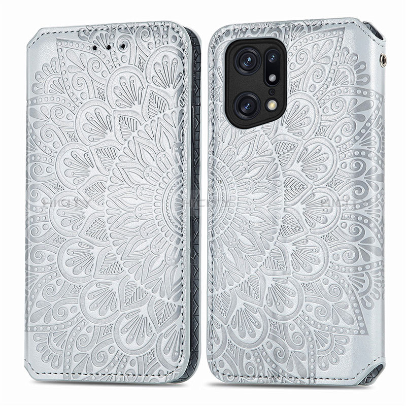 Custodia Portafoglio In Pelle Fantasia Modello Cover con Supporto S01D per Oppo Find X5 5G Argento