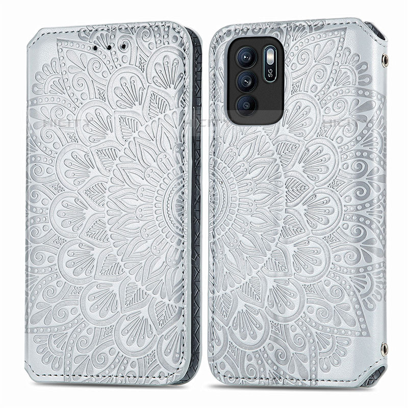 Custodia Portafoglio In Pelle Fantasia Modello Cover con Supporto S01D per Oppo Reno6 Z 5G Argento