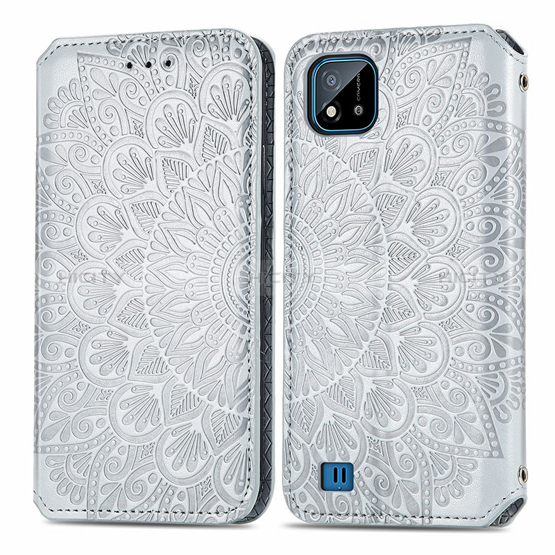 Custodia Portafoglio In Pelle Fantasia Modello Cover con Supporto S01D per Realme C20 Argento