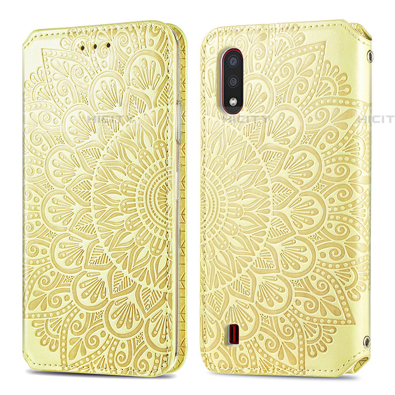 Custodia Portafoglio In Pelle Fantasia Modello Cover con Supporto S01D per Samsung Galaxy A01 SM-A015 Oro