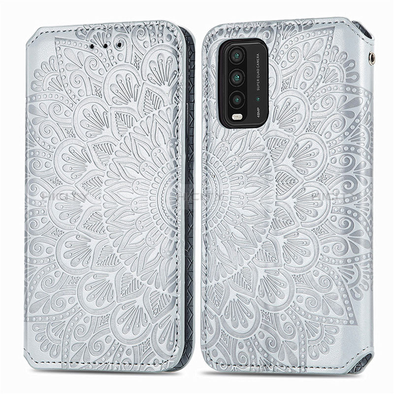 Custodia Portafoglio In Pelle Fantasia Modello Cover con Supporto S01D per Xiaomi Redmi 9T 4G Argento