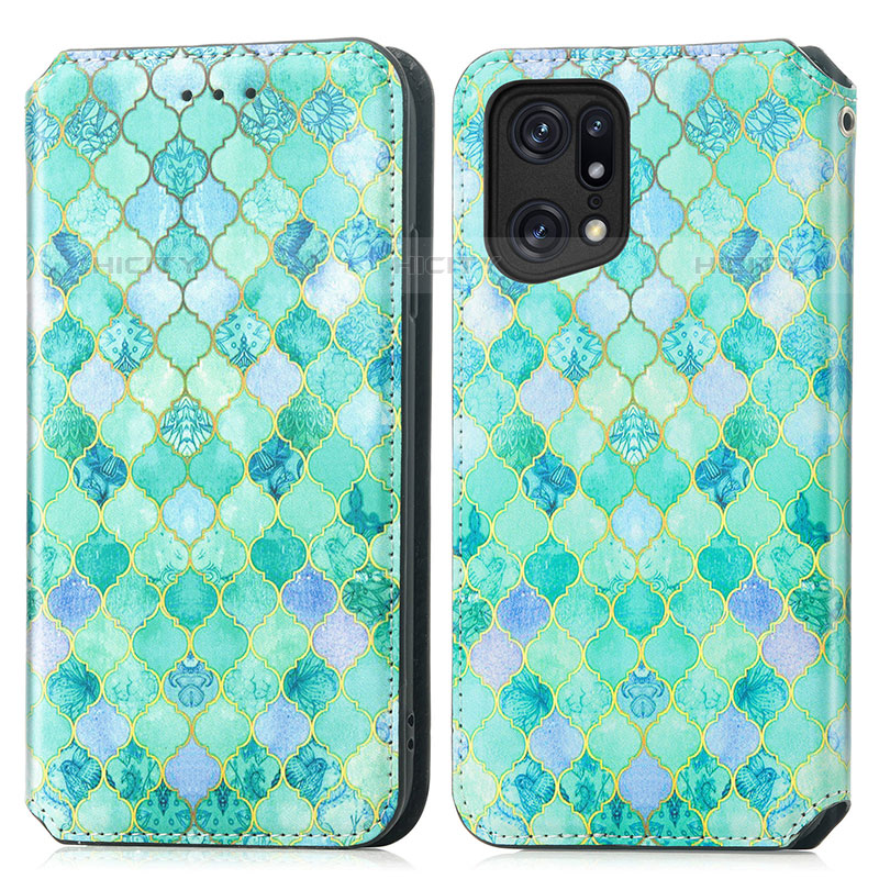 Custodia Portafoglio In Pelle Fantasia Modello Cover con Supporto S02D per Oppo Find X5 Pro 5G Verde