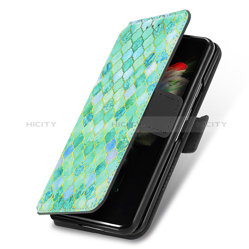 Custodia Portafoglio In Pelle Fantasia Modello Cover con Supporto S02D per Samsung Galaxy Z Fold3 5G Verde