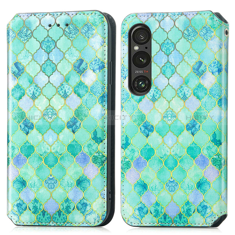 Custodia Portafoglio In Pelle Fantasia Modello Cover con Supporto S02D per Sony Xperia 1 V Verde