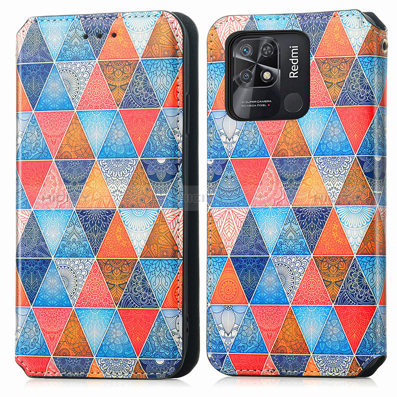 Custodia Portafoglio In Pelle Fantasia Modello Cover con Supporto S02D per Xiaomi Redmi 10 Power Marrone