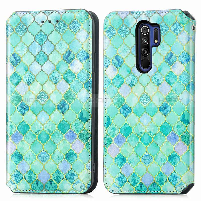 Custodia Portafoglio In Pelle Fantasia Modello Cover con Supporto S02D per Xiaomi Redmi 9 Prime India Verde