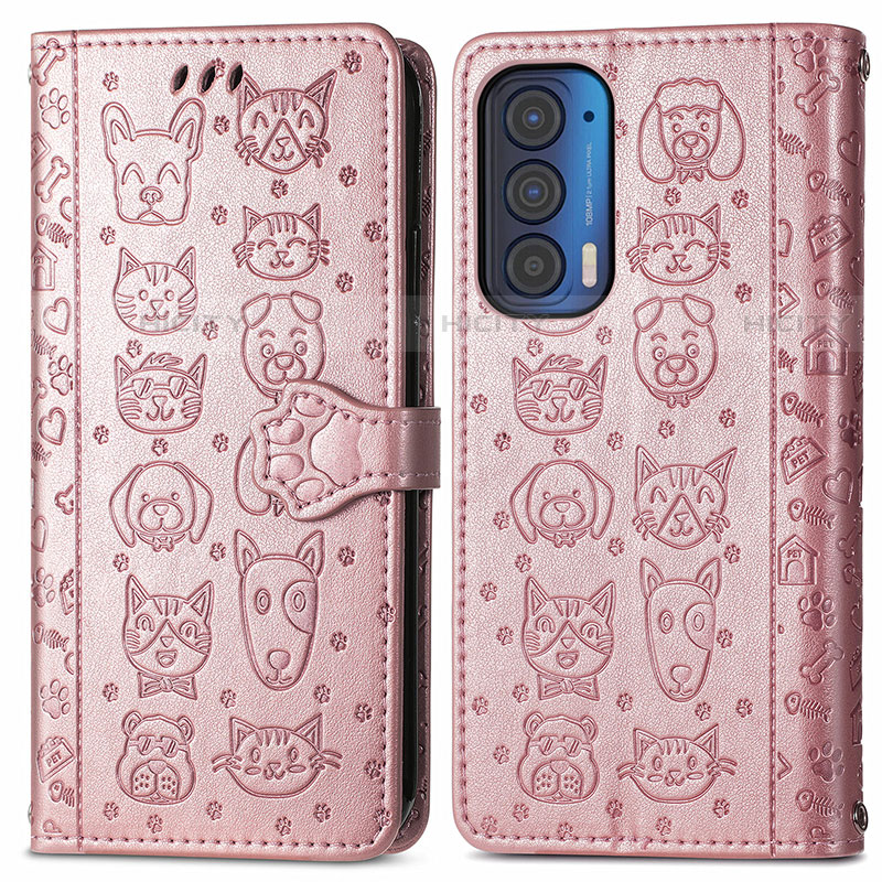 Custodia Portafoglio In Pelle Fantasia Modello Cover con Supporto S03D per Motorola Moto Edge (2021) 5G Oro Rosa