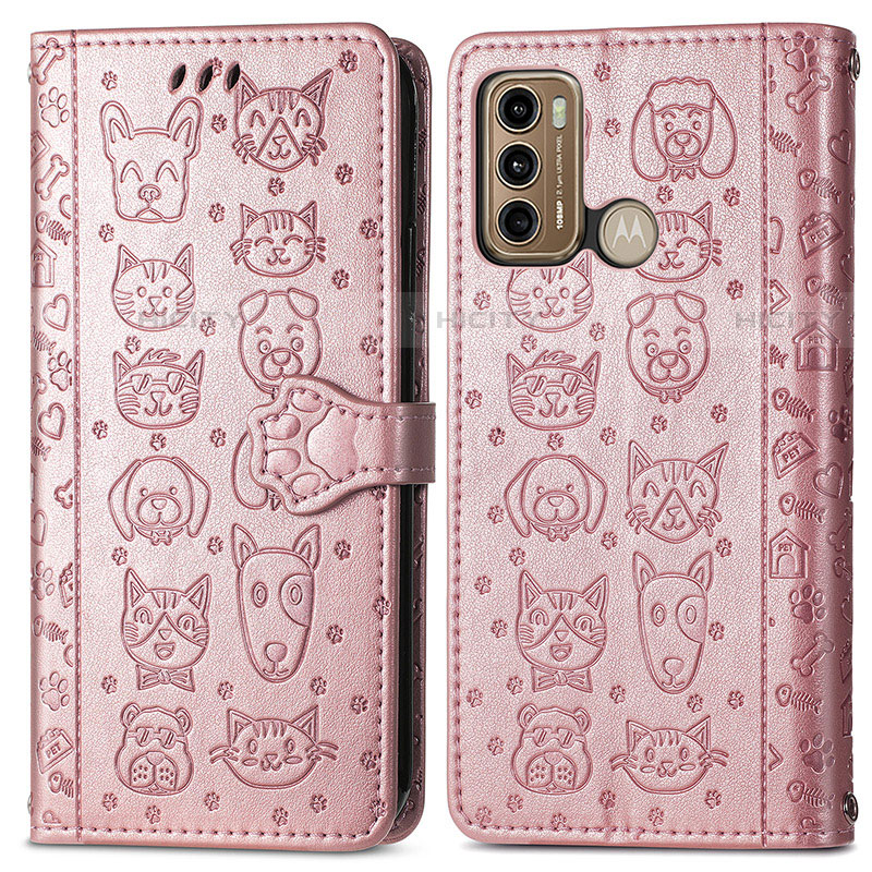 Custodia Portafoglio In Pelle Fantasia Modello Cover con Supporto S03D per Motorola Moto G60 Oro Rosa