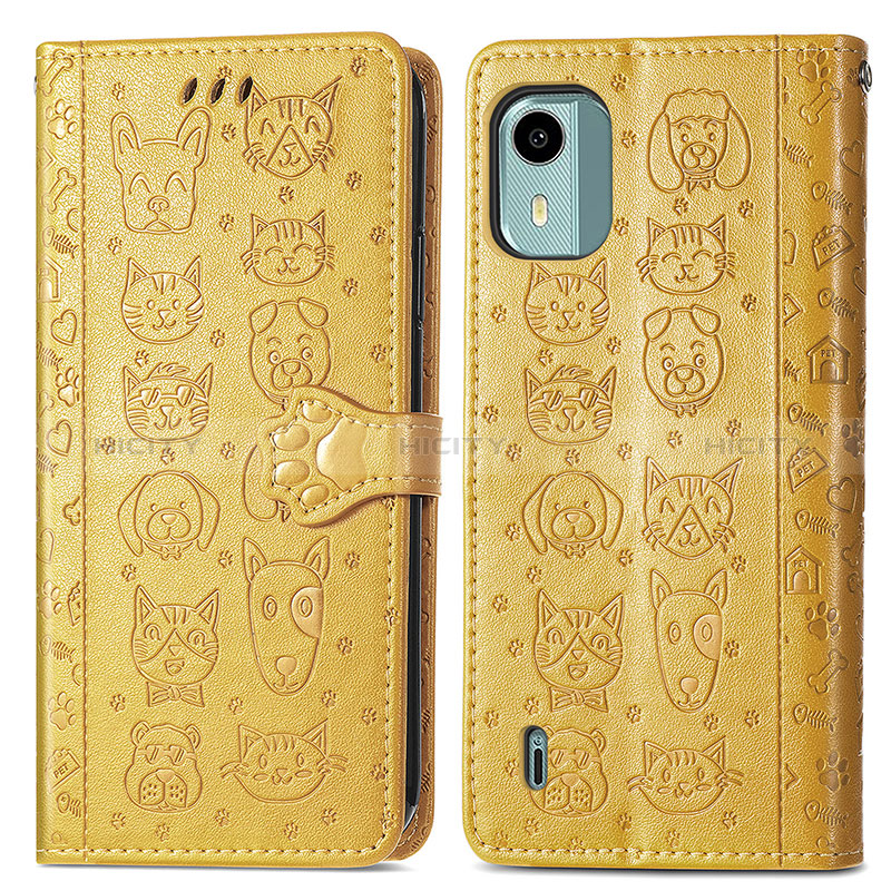 Custodia Portafoglio In Pelle Fantasia Modello Cover con Supporto S03D per Nokia C12 Pro Giallo