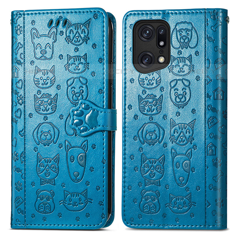 Custodia Portafoglio In Pelle Fantasia Modello Cover con Supporto S03D per Oppo Find X5 Pro 5G Blu