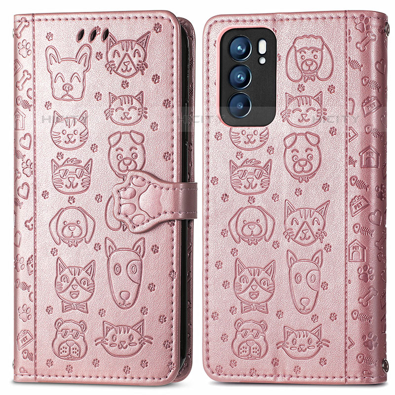 Custodia Portafoglio In Pelle Fantasia Modello Cover con Supporto S03D per Oppo Reno6 5G Oro Rosa