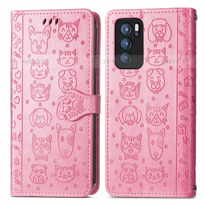 Custodia Portafoglio In Pelle Fantasia Modello Cover con Supporto S03D per Oppo Reno6 Pro 5G India Rosa