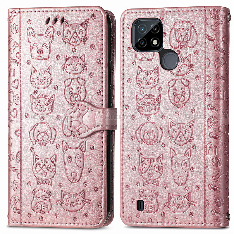 Custodia Portafoglio In Pelle Fantasia Modello Cover con Supporto S03D per Realme C21Y Oro Rosa