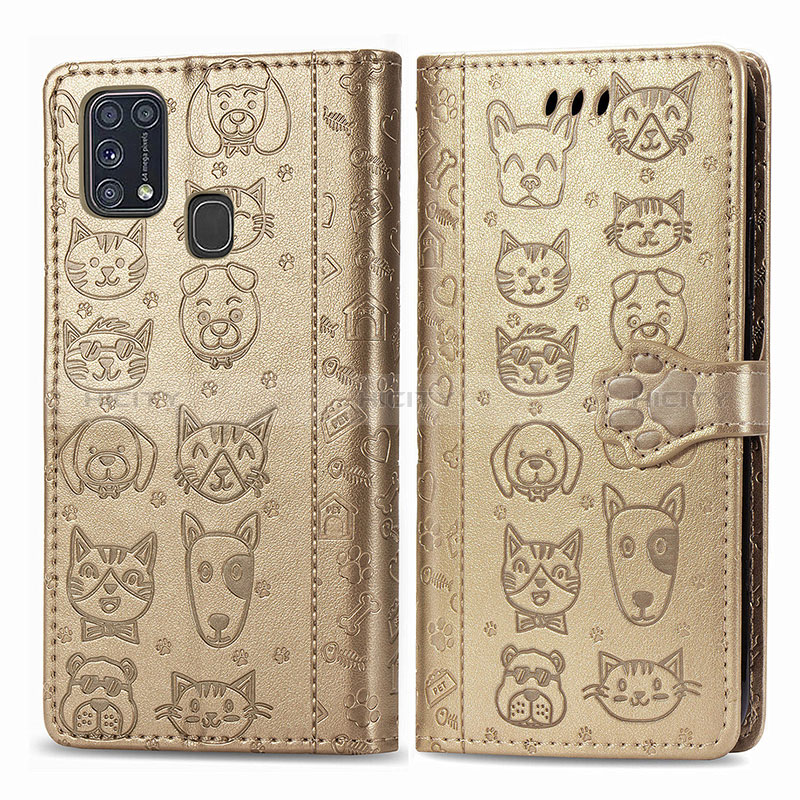 Custodia Portafoglio In Pelle Fantasia Modello Cover con Supporto S03D per Samsung Galaxy M21s Oro