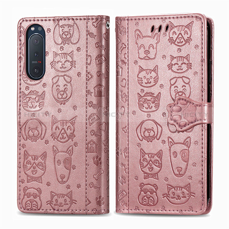 Custodia Portafoglio In Pelle Fantasia Modello Cover con Supporto S03D per Sony Xperia 5 II Oro Rosa