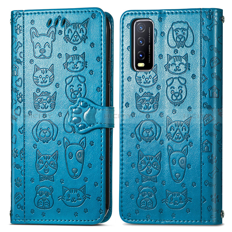 Custodia Portafoglio In Pelle Fantasia Modello Cover con Supporto S03D per Vivo Y20s G Blu