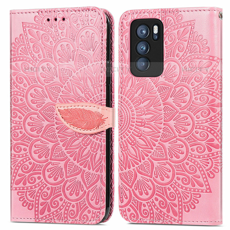 Custodia Portafoglio In Pelle Fantasia Modello Cover con Supporto S04D per Oppo Reno6 Pro 5G India Oro Rosa