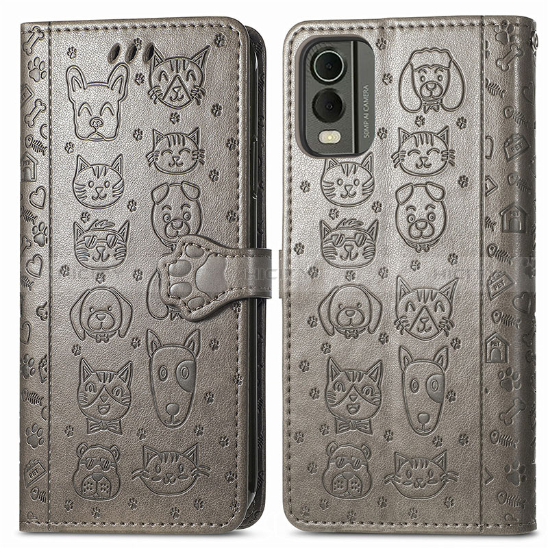 Custodia Portafoglio In Pelle Fantasia Modello Cover con Supporto S05D per Nokia C32 Grigio