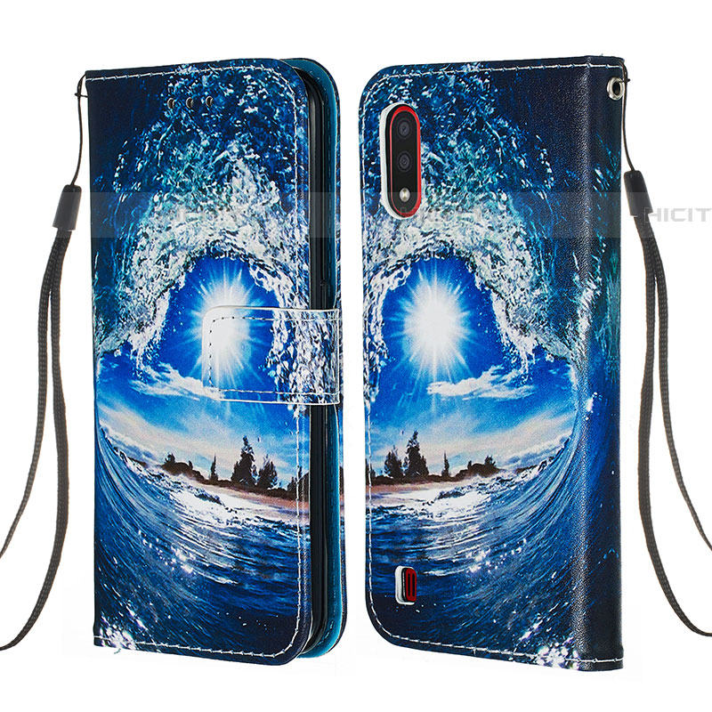 Custodia Portafoglio In Pelle Fantasia Modello Cover con Supporto Y02B per Samsung Galaxy A01 SM-A015 Blu