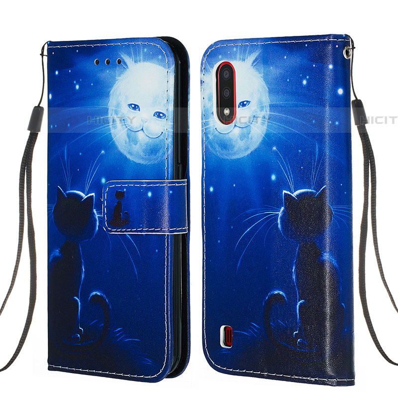 Custodia Portafoglio In Pelle Fantasia Modello Cover con Supporto Y02B per Samsung Galaxy A01 SM-A015 Blu Notte