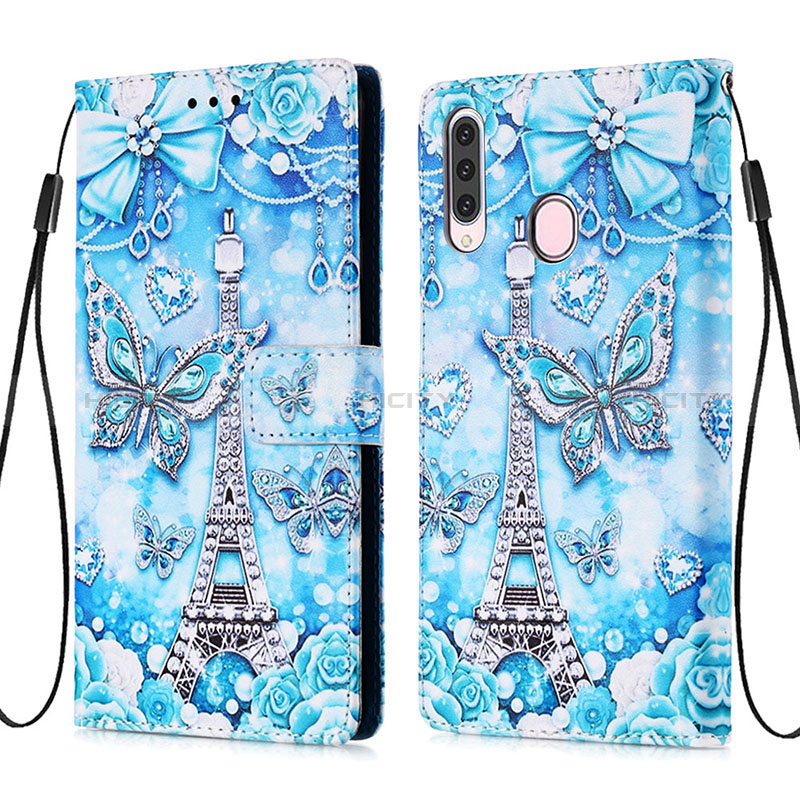 Custodia Portafoglio In Pelle Fantasia Modello Cover con Supporto Y02B per Samsung Galaxy A20s Azzurro