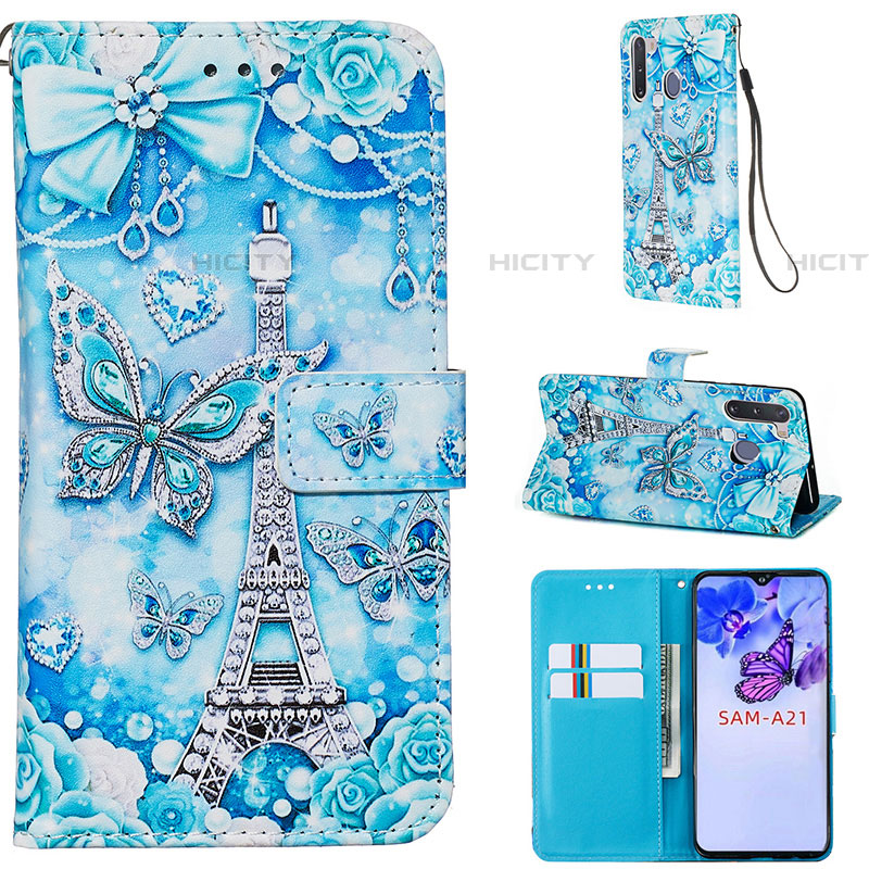 Custodia Portafoglio In Pelle Fantasia Modello Cover con Supporto Y02B per Samsung Galaxy A21 European Azzurro