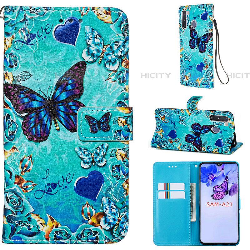 Custodia Portafoglio In Pelle Fantasia Modello Cover con Supporto Y02B per Samsung Galaxy A21 European Cielo Blu