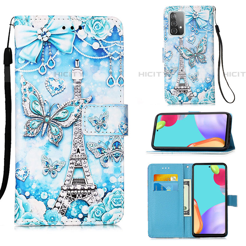 Custodia Portafoglio In Pelle Fantasia Modello Cover con Supporto Y02B per Samsung Galaxy A52 5G Azzurro