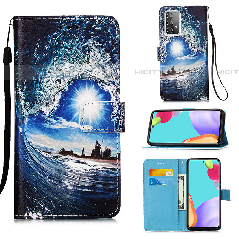 Custodia Portafoglio In Pelle Fantasia Modello Cover con Supporto Y02B per Samsung Galaxy A52 5G Blu Notte