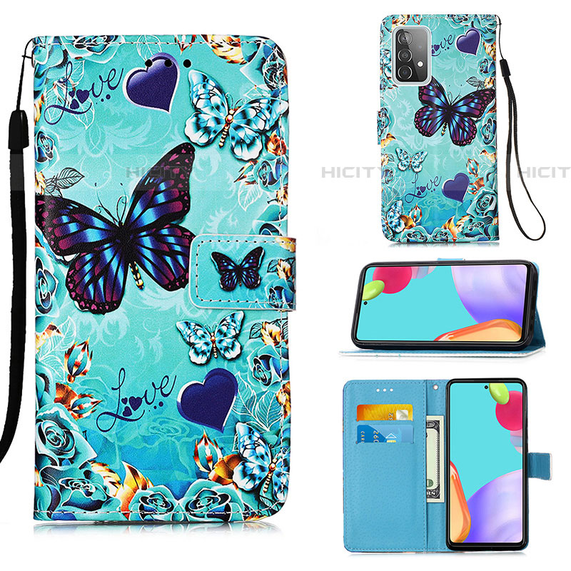 Custodia Portafoglio In Pelle Fantasia Modello Cover con Supporto Y02B per Samsung Galaxy A52 5G Cielo Blu