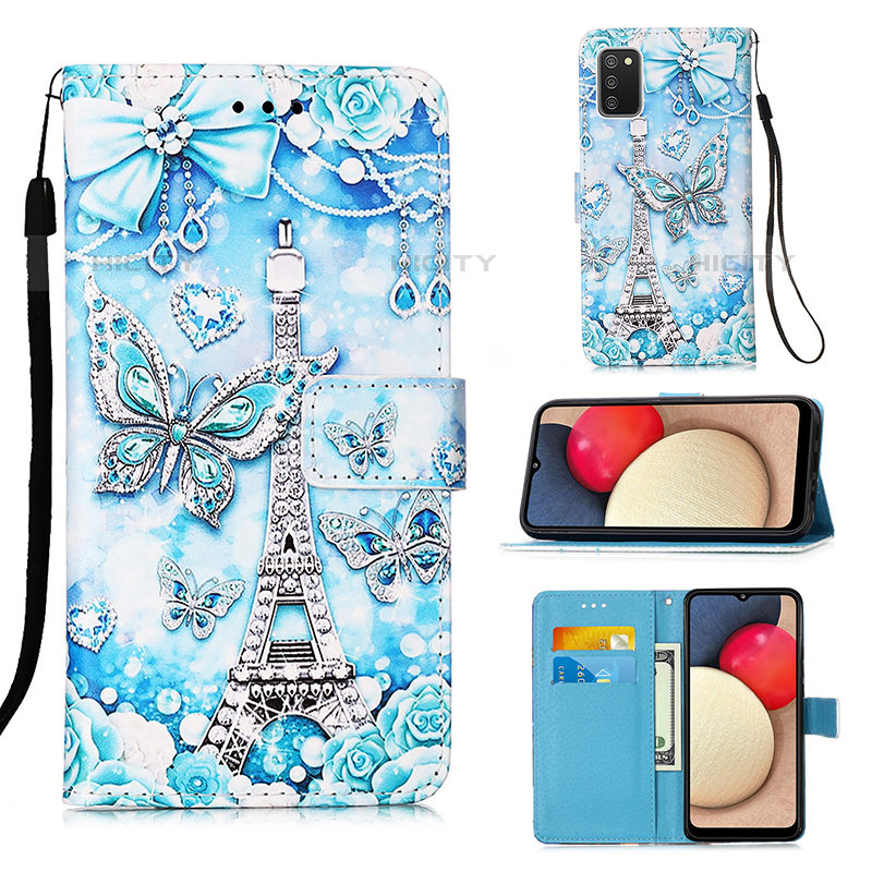 Custodia Portafoglio In Pelle Fantasia Modello Cover con Supporto Y02B per Samsung Galaxy M02s Azzurro