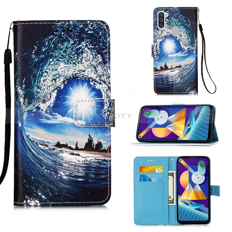 Custodia Portafoglio In Pelle Fantasia Modello Cover con Supporto Y02B per Samsung Galaxy M11 Blu Notte