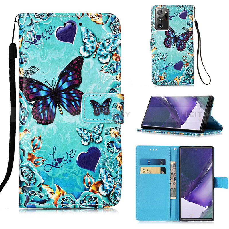 Custodia Portafoglio In Pelle Fantasia Modello Cover con Supporto Y02B per Samsung Galaxy Note 20 Ultra 5G Cielo Blu