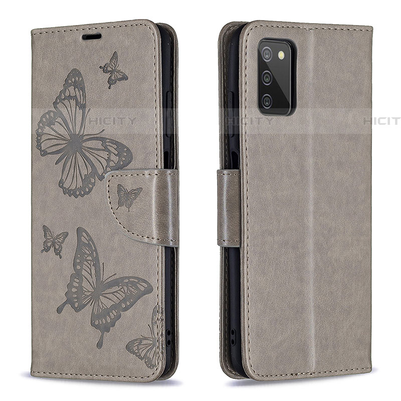 Custodia Portafoglio In Pelle Farfalla Cover con Supporto B01F per Samsung Galaxy A03s Grigio