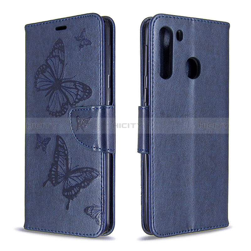 Custodia Portafoglio In Pelle Farfalla Cover con Supporto B01F per Samsung Galaxy A21 Blu