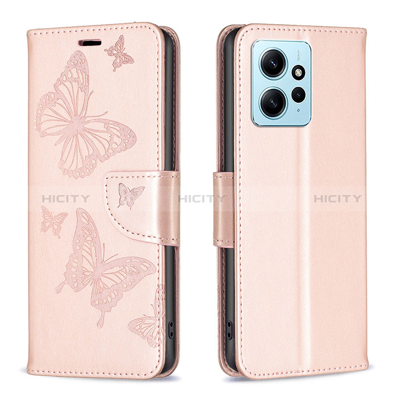 Custodia Portafoglio In Pelle Farfalla Cover con Supporto B01F per Xiaomi Redmi Note 12 4G Oro Rosa