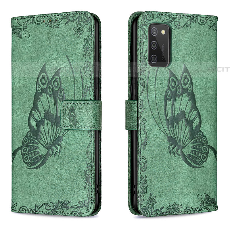 Custodia Portafoglio In Pelle Farfalla Cover con Supporto B02F per Samsung Galaxy A03s Verde