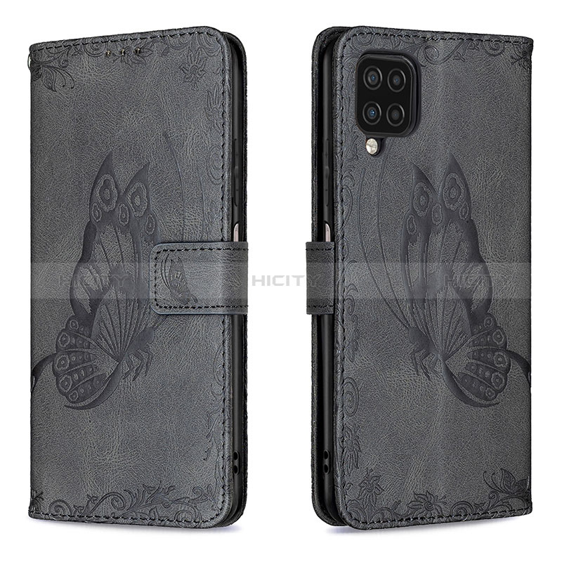 Custodia Portafoglio In Pelle Farfalla Cover con Supporto B02F per Samsung Galaxy A12 Nero