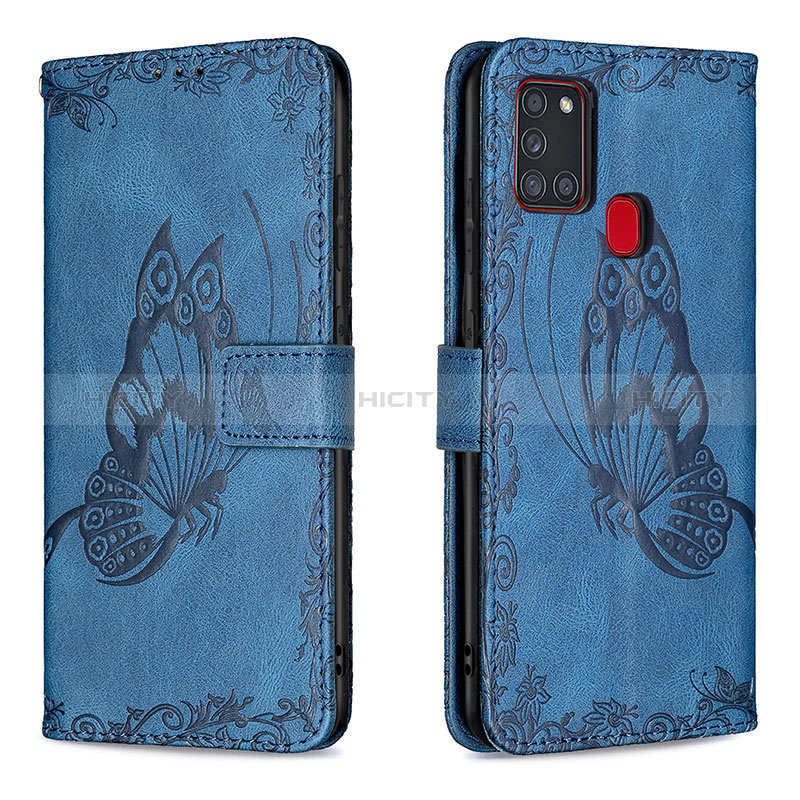 Custodia Portafoglio In Pelle Farfalla Cover con Supporto B02F per Samsung Galaxy A21s Blu