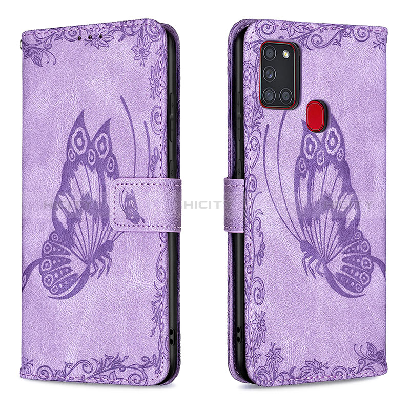 Custodia Portafoglio In Pelle Farfalla Cover con Supporto B02F per Samsung Galaxy A21s Lavanda