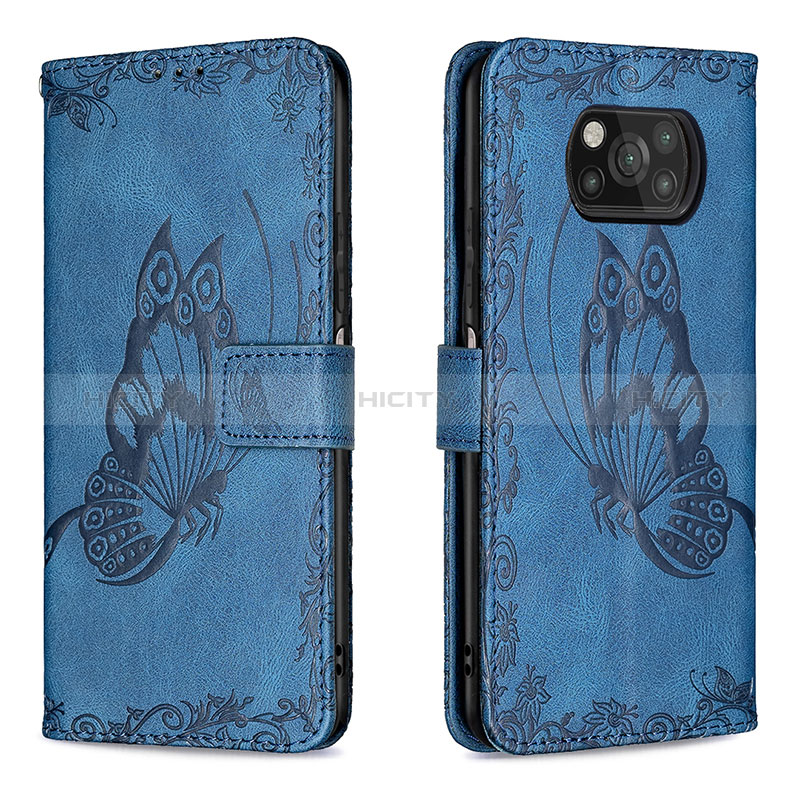 Custodia Portafoglio In Pelle Farfalla Cover con Supporto B02F per Xiaomi Poco X3 NFC Blu