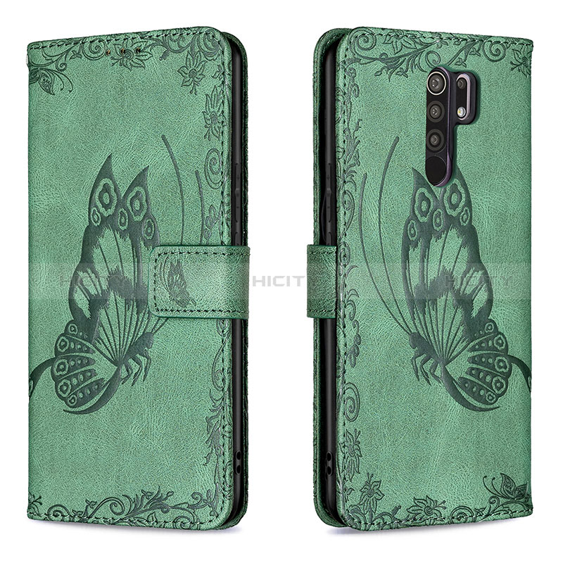 Custodia Portafoglio In Pelle Farfalla Cover con Supporto B02F per Xiaomi Redmi 9 Prime India Verde