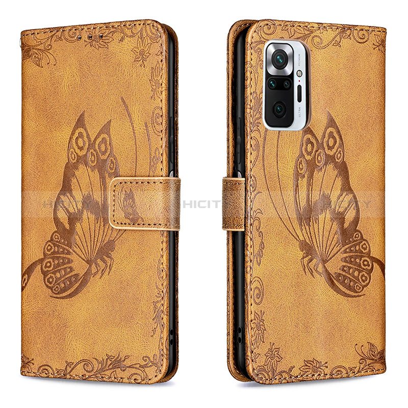 Custodia Portafoglio In Pelle Farfalla Cover con Supporto B02F per Xiaomi Redmi Note 10 Pro 4G Marrone