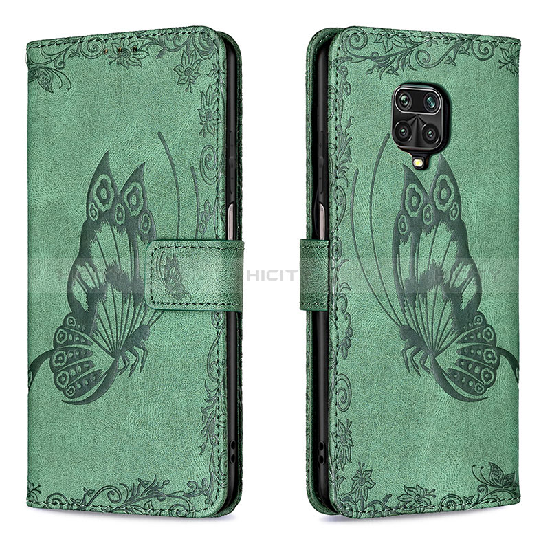 Custodia Portafoglio In Pelle Farfalla Cover con Supporto B02F per Xiaomi Redmi Note 9 Pro Verde