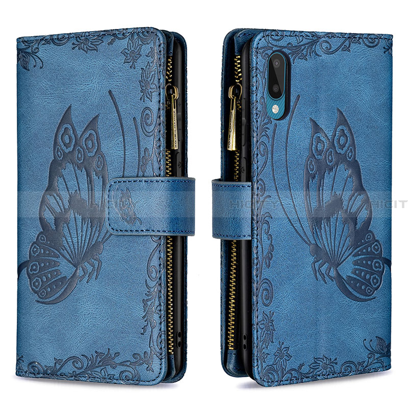 Custodia Portafoglio In Pelle Farfalla Cover con Supporto B03F per Samsung Galaxy A02 Blu